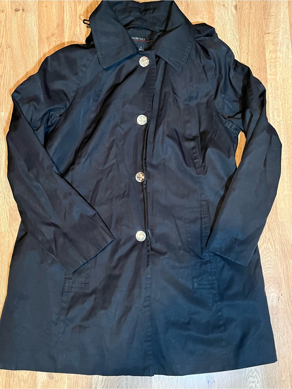 Jason Kole black detachable hood trench coat women’s Large